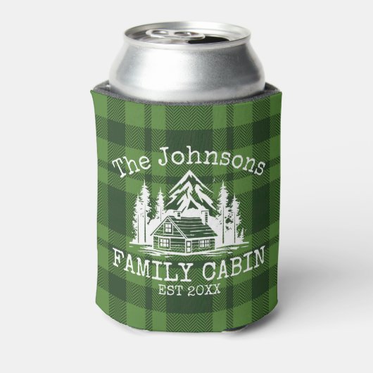 ファミリーキャビングリーンプレイドをテーマにした名パーソナライズされた前 缶クーラー (缶裏面)