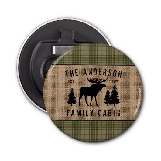 ファミリーキャビンムースパイングリーンプレイドバーラップボタン 栓抜き (正面)