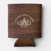 ファミリーキャビン名ダークブラウン木のテクスチャ 缶クーラー (正面)
