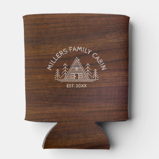 ファミリーキャビン名ダークブラウン木のテクスチャ 缶クーラー (裏面)