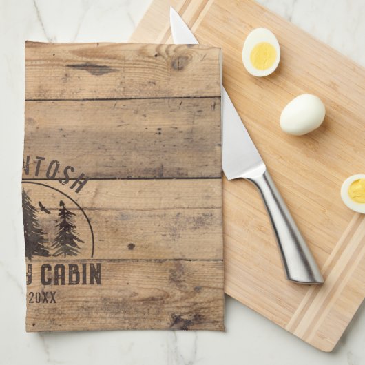 ファミリーキャビン名素朴ウッドパーソナライズされた キッチンタオル (四つ折り)