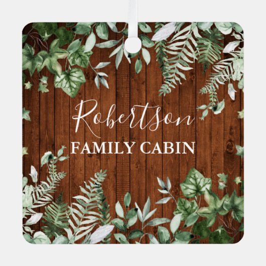 ファミリーキャビン素朴ウッドウォーターカラーアイビーセージシダ メタルオーナメント (正面)