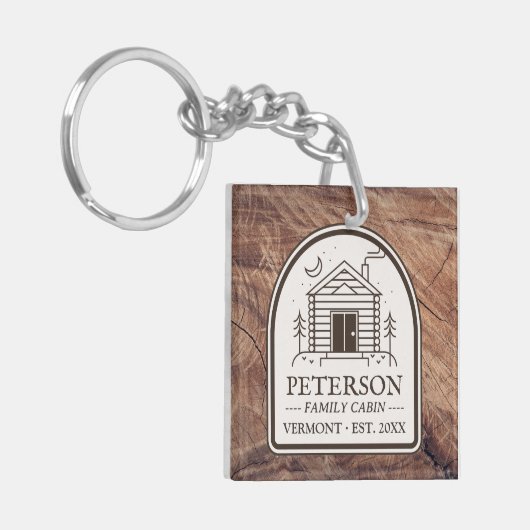 ファミリーキャビン素朴ウッドデコパーソナライズされたール キーホルダー (正面左)