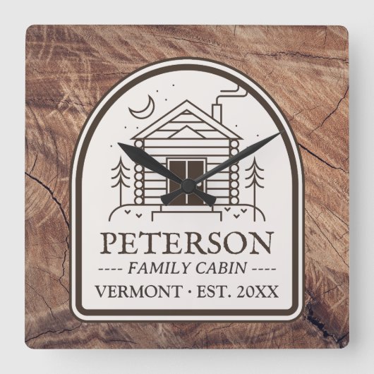 ファミリーキャビン素朴ウッドデコパーソナライズされたール スクエア壁時計 (正面)