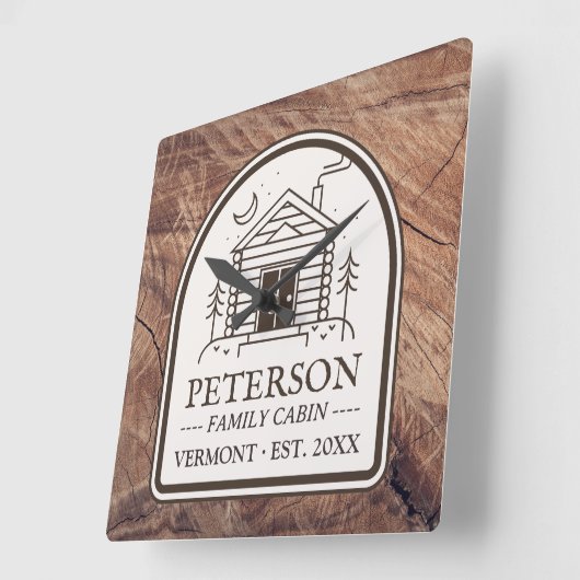 ファミリーキャビン素朴ウッドデコパーソナライズされたール スクエア壁時計 (傾斜)