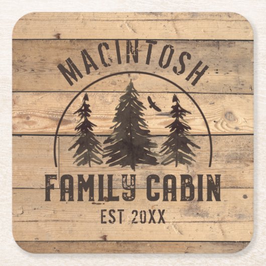 ファミリーキャビン素朴ウッドパーソナライズされた スクエアペーパーコースター (正面)