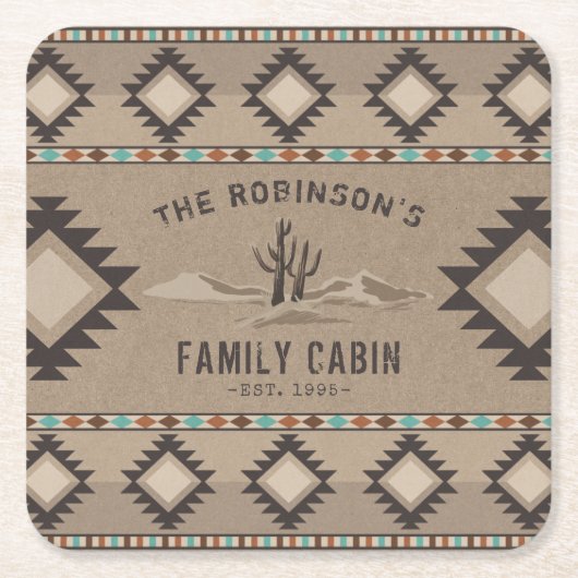 ファミリーキャビン素朴サウスウェスト先住民トバルサボテン スクエアペーパーコースター (正面)