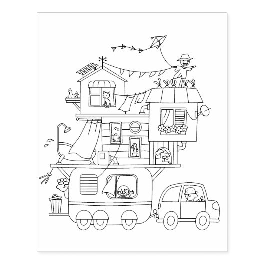 ファミリーキャンピングトレーラーカラーリングページ ラバースタンプ (インプリント)