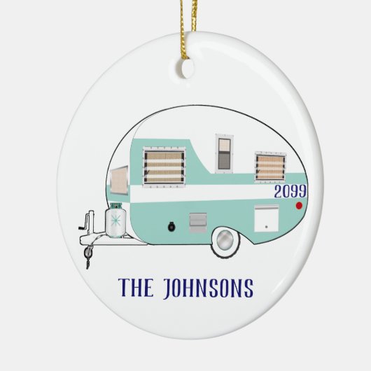 ファミリーキャンプRVトレーラーキャンパーラウンドクリスマス セラミックオーナメント (左)