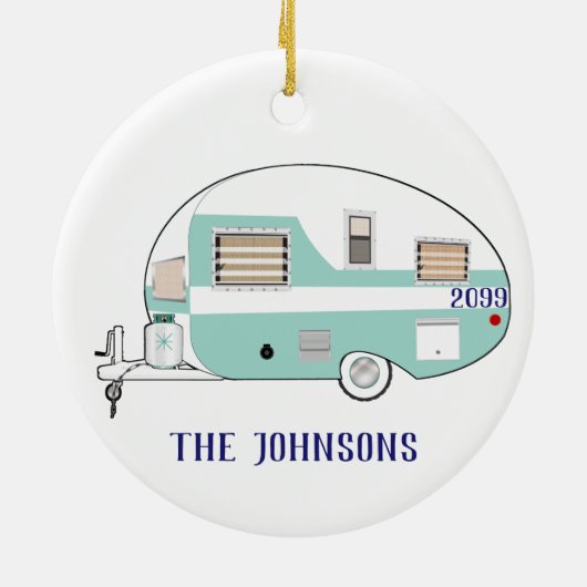 ファミリーキャンプRVトレーラーキャンパーラウンドクリスマス セラミックオーナメント (裏面)
