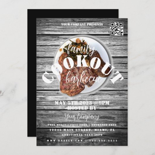 ファミリークックアウトバーベキューステーキイベントパーティーフライヤー 招待状 (正面/裏面)