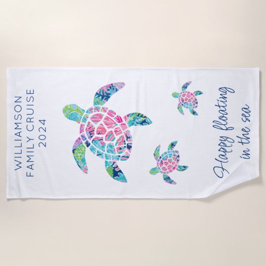 ファミリークパーソナライズされたルーズバケーションウミガメ ビーチタオル (正面)