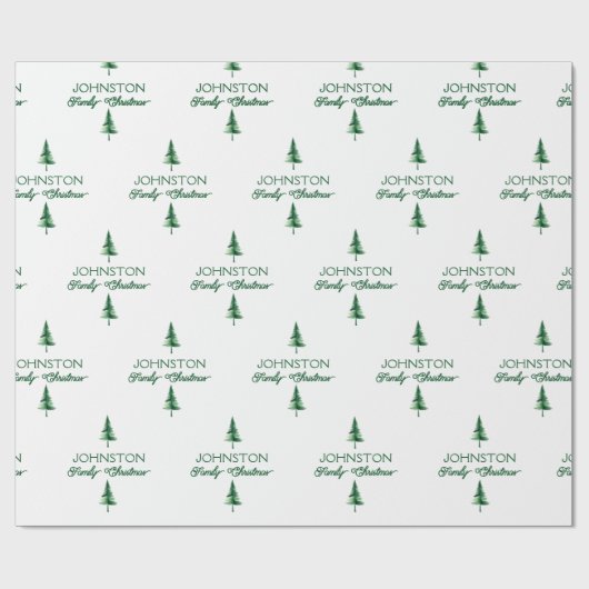 ファミリークリスマスグリーンウォーターカラーパインツリー ラッピングペーパー (フラット)