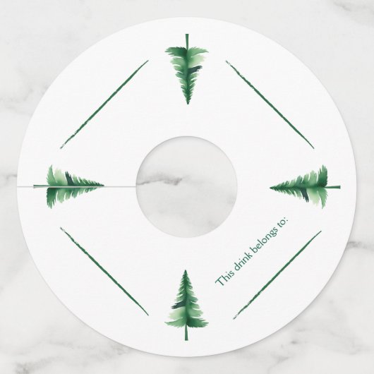 ファミリークリスマスグリーンウォーターカラーパインツリー ワイングラスタグ (正面)