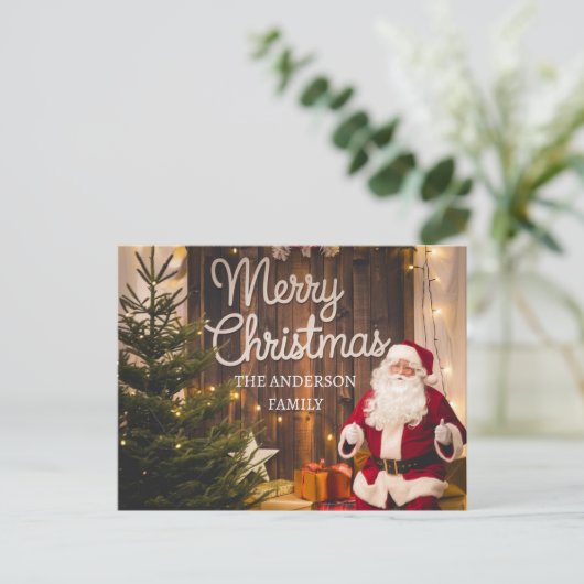 ファミリークリスマスサンタとプレゼント パーソナライズされた ポストカード (スタンド正面)