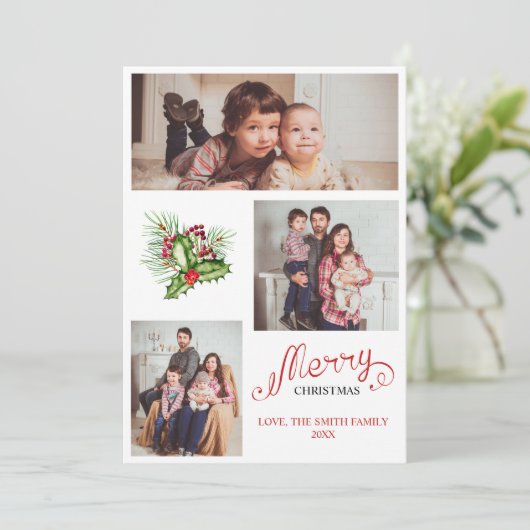 ファミリークリスマススリーフォトコラージホリデーカード 招待状 (スタンド正面)