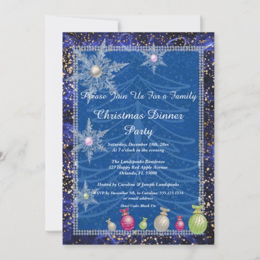 ファミリークリスマスパーティーホワイトツリーアイススノーフレーク 招待状 (正面)