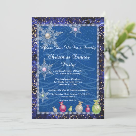 ファミリークリスマスパーティーホワイトツリーアイススノーフレーク 招待状 (スタンド正面)