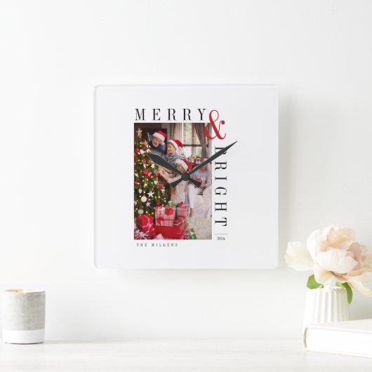 ファミリークリスマスフォトカモダンードスクリプトホリデー スクエア壁時計 (ホーム)