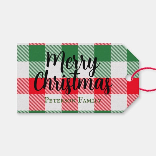 ファミリークリスマスホワイトグリーンと赤バッファロープレイド ギフトタグ (正面(横))
