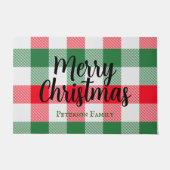 ファミリークリスマスホワイトグリーンと赤バッファロープレイド ドアマット (正面)