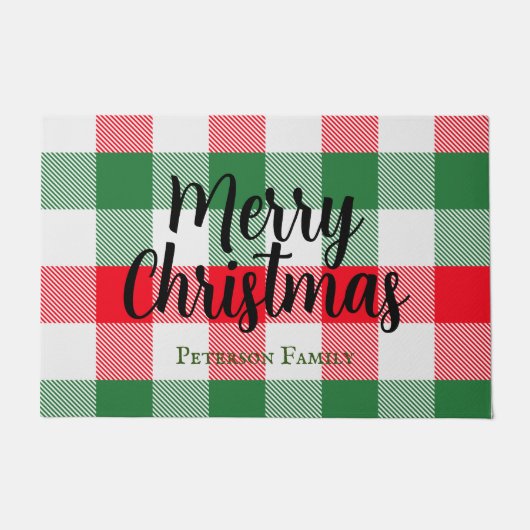 ファミリークリスマスホワイトグリーンと赤バッファロープレイド ドアマット (正面)