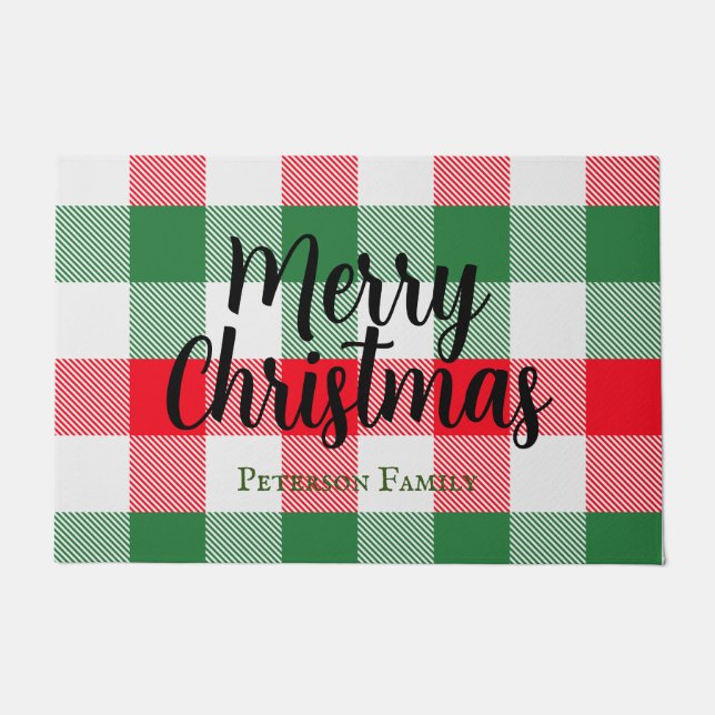 ファミリークリスマスホワイトグリーンと赤バッファロープレイド ドアマット (正面)