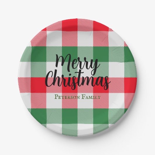 ファミリークリスマスホワイトグリーンと赤バッファロープレイド ペーパープレート (正面)