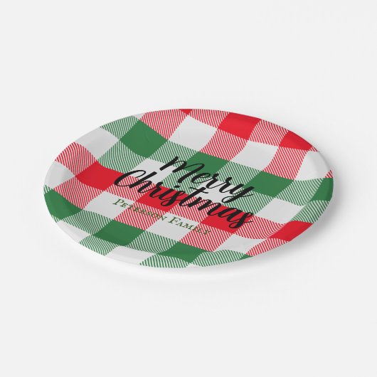 ファミリークリスマスホワイトグリーンと赤バッファロープレイド ペーパープレート (アングル)