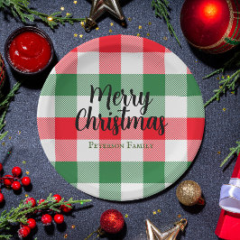 ファミリークリスマスホワイトグリーンと赤バッファロープレイド ペーパープレート