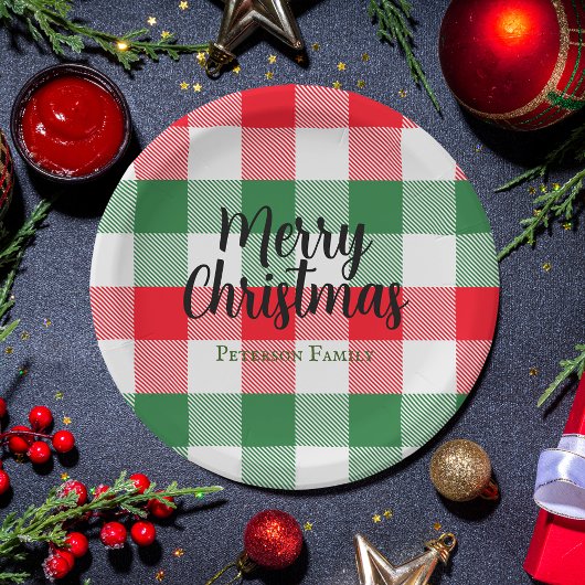 ファミリークリスマスホワイトグリーンと赤バッファロープレイド ペーパープレート