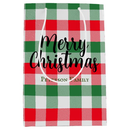 ファミリークリスマスホワイトグリーンと赤バッファロープレイド ミディアムペーパーバッグ (正面)