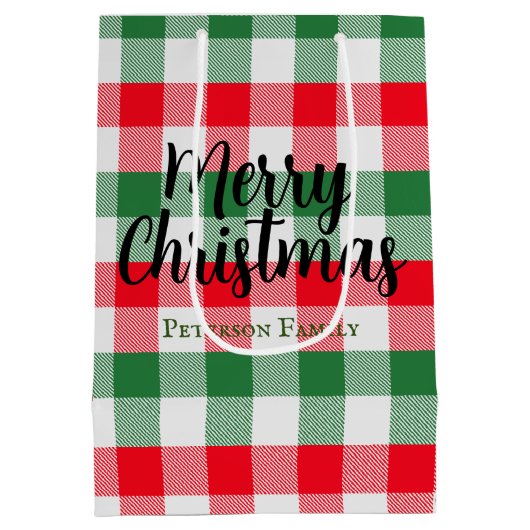 ファミリークリスマスホワイトグリーンと赤バッファロープレイド ミディアムペーパーバッグ (裏面)
