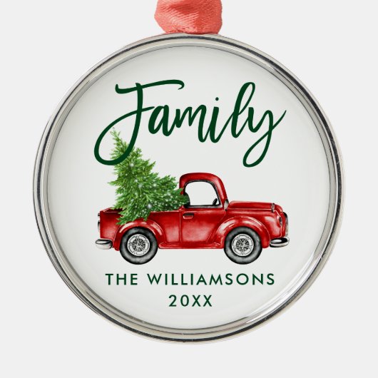 ファミリーグリーンブラシスクリプトヴィンテージレッドトラック メタルオーナメント (正面)