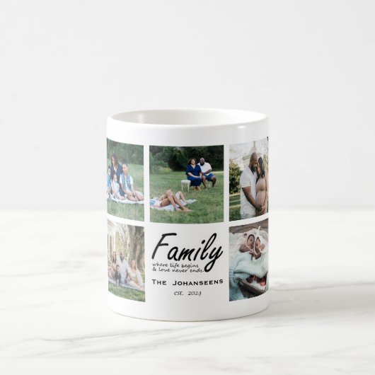 ファミリースクリプトブラック引用文フォトコラージュ記念ファイル コーヒーマグカップ (中央)