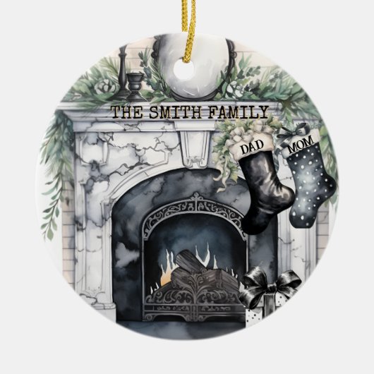 ファミリーストッキングパーソナライズされたクリスマスオーナメント セラミックオーナメント (正面)