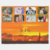 ファミリーセーラーボートサンセットフォトコラージュ1300 フリースブランケット (正面(横))