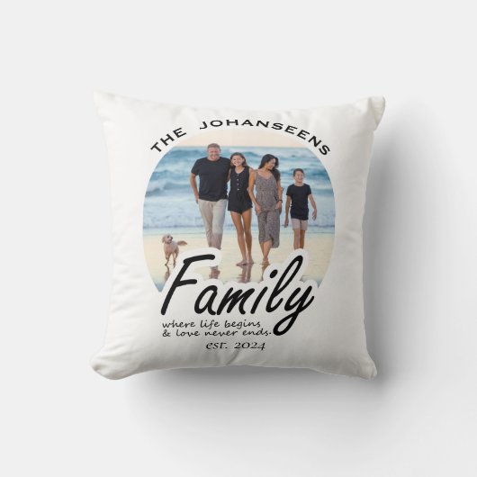 ファミリータイポグラフィ名&フォトおもしろいモダンKeepsake クッション (正面)