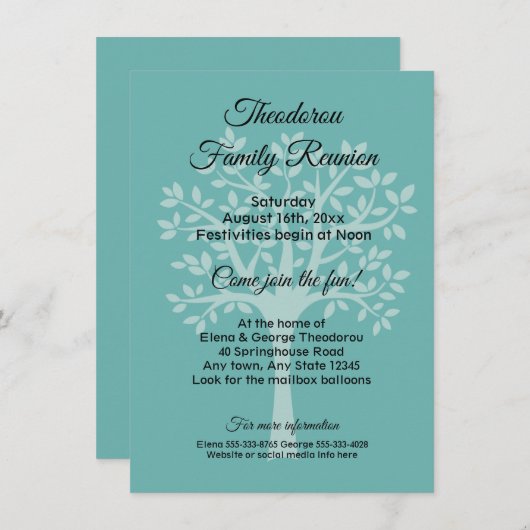 ファミリーツリーティール（緑がかった色）グリーンファミリー懇親会招待状 招待状 (正面/裏面)