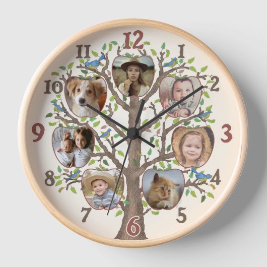 ファミリーツリーフォトコラージュ7カスタム写真クリーム 壁時計 (正面)