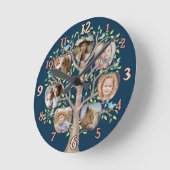 ファミリーツリーフォトコラージュ7カスタム写真ダークブルー ラウンド壁時計 (傾斜)