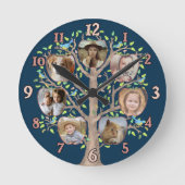 ファミリーツリーフォトコラージュ7カスタム写真ダークブルー ラウンド壁時計 (正面)