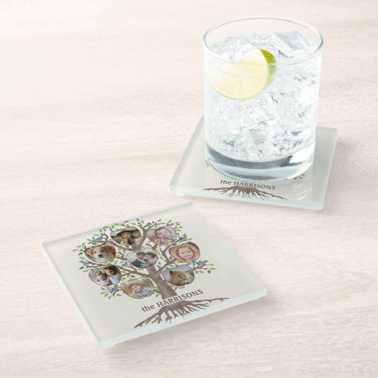 ファミリーツリーフォトコラージュ8写真名Lt Bege ガラスコースター (アングル)