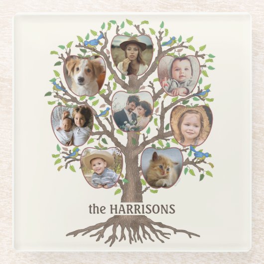 ファミリーツリーフォトコラージュ8写真名Lt Bege ガラスコースター (正面)