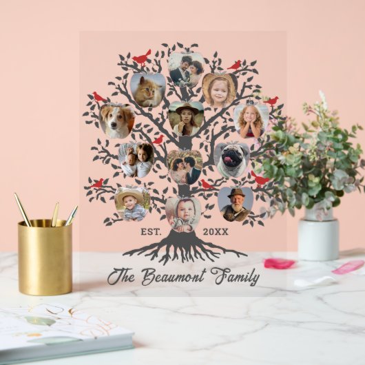 ファミリーツリー12フォトコラージュの名前をカスタムすると日付 アクリルサイン (ウェディング)