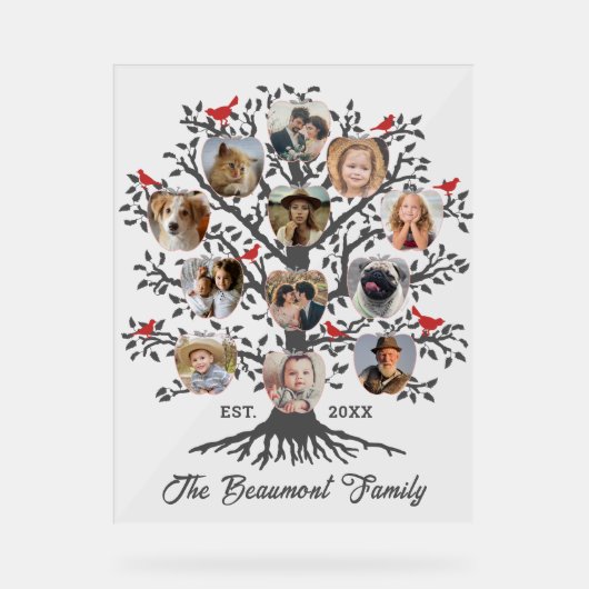 ファミリーツリー12フォトコラージュの名前をカスタムすると日付 アクリルサイン (正面)