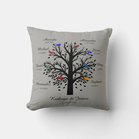 ファミリーツリー、グレーのブラックツリー、8つの名前と日付 クッション (正面)