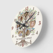 ファミリーツリー フォト コラージュ 8枚 名前 ライトベージュ ラウンド壁時計 (傾斜)
