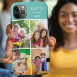 ファミリーティール（緑がかった色）4フォトコラージュカスタム iPhone 11 PRO MAXケース<br><div class="desc">iphone 11 proカスタム maxと他の多くのモデルのための独自の電話ケースを作成。このデザインは、グリッドスタイルの写真コラージュを備えお気に入りの、4枚の写真、名前、単語「家族」を含む。写真テンプレートは写真を追加する準備ができて、上から時計回りに動作し離れている。このデザインは白いレタリングを持つ茶色背景を持つ。色もしを変更したいクリックとはカスタマイズ、メッセージを表示する。</div>