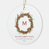 ファミリーネームイニシャルクリスマスグリーン セラミックオーナメント (左)